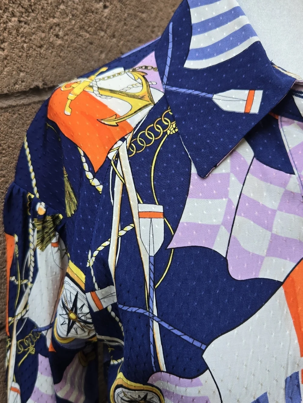 Anthropologie Maeve Nautical Navy Printed Long-Sleeve Wrap Dress Blue Flag Sail - Picture 4 of 12